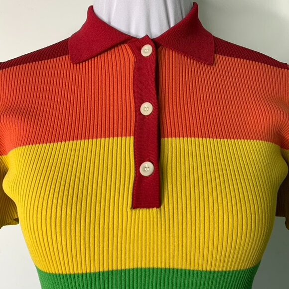 Rokh Women's Rainbow Short Sleeve Ribbed Collared Shirt Top Size Medium - Picture 3 of 12